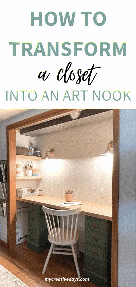 Sewing Nook In Closet, Closet Desk Nook Ideas, Closet Desk With Doors, Closet To Desk Space, Closet Desk Makeover, Closet Office Makeover, Custom Closet Desk, Turn Closet Into Built In Bookcase, Transform Closet Into Office