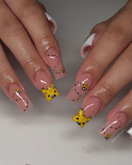 Winnie The Pooh Nail Art, Pooh Nail Art, Bee Nail Designs, Pikachu Nails, Bumble Bee Nails, Spongebob Nails, Baby Shower Nails, June Nails, Disney Nail Designs