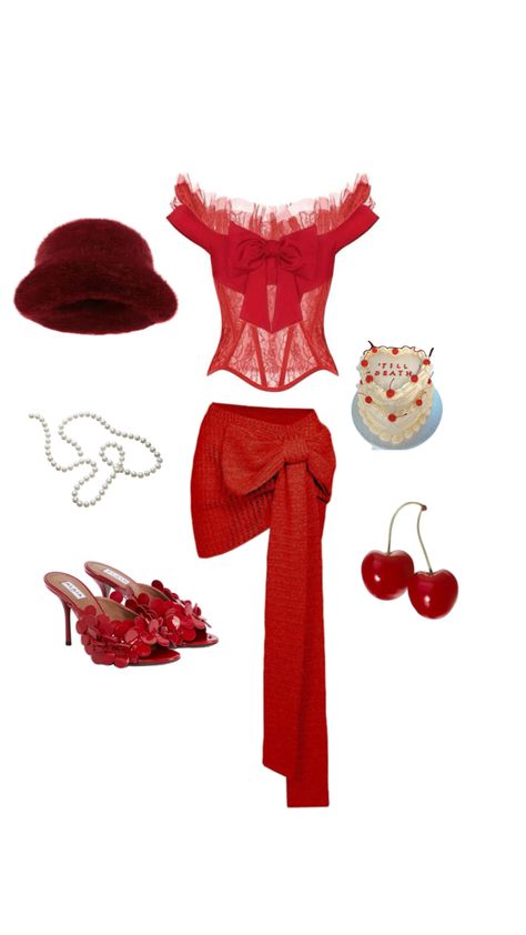 Red corset, red skirt, red heels, ootd , outfit inspo, cherry, cake , fur hat Cherry Cake, Red Corset, Red Fits, Red Skirt, Fur Hat, Red Heels, Red Skirts, Ootd Outfit, Cherry