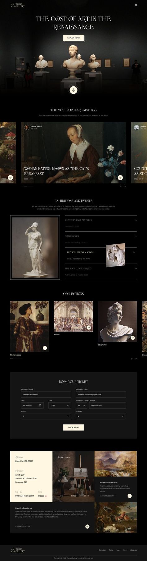 The art gallery websites is a great way to appreciate the artworks out there and get inspired. Therefore, art gallery websites should have a minimalistic approach to their whole design, color schemes, and fonts. To keep in mind, we have designed an art gallery website concept. The key features of this website include showcasing works and locations, promote special events and booking tickets, and much more. #webdesign #websitedesign #websitedesigner #designinspiration #uiuxdesign #webdesigner Web Design Fonts Inspiration, Art Selling Website Design, Painting Website Design Inspiration, Royal Website Design, Portfolio Website Design Graphic Designers, Art Website Ideas, 3d Artist Portfolio Website, Art Gallery Website Design Inspiration, Video Gallery Web Design