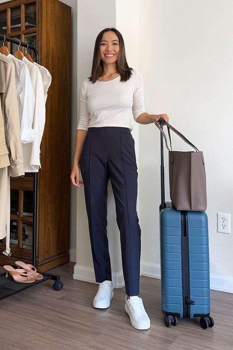 How to Pack for a Summer Business Trip — Without Checking a Bag Work Packing List, Summer Work Travel Capsule, Work Trip Airport Outfit, Summer Business Casual Outfits Dresses, Women Business Travel Outfits, Pack For Business Trip Woman, Business Casual Plane Outfit, Business Conference Outfits Women Summer, Business Casual For Hot Weather