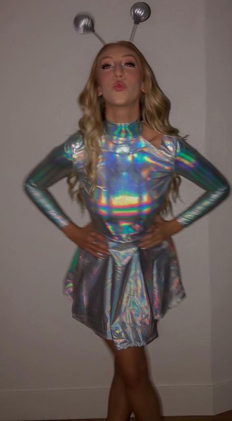 Alien Costume For Women, Area 51 Themed Party Outfit, Holographic Alien Costume, Aliens Costume Women, Alien Cute Costume, Alien Adult Costume, Alien Fancy Dress Women, Alien Inspo Outfit, Alien Concert Outfit