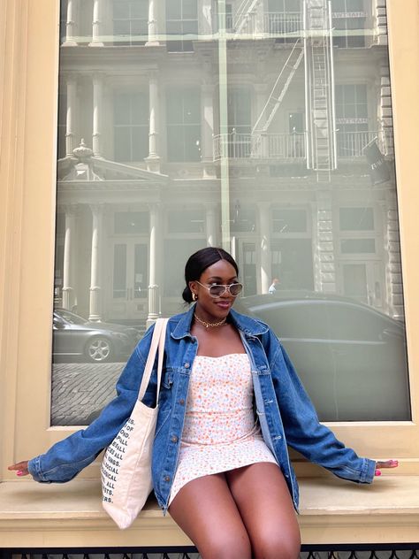 Summer outfit, outfit inspo, summer looks, summer fashion, summer dress, spring outfit, sneakers outfit, denim jacket, floral dress, mini dress, casual outfit, nyc style, oversized jacket, tote bag Follow my shop @nkmedani on the @shop.LTK app to shop this post and get my exclusive app-only content! #liketkit #LTKunder100 #LTKfit #LTKsalealert @shop.ltk https://liketk.it/49QWF Summer Dress Jean Jacket, Mini Dress And Denim Jacket Outfit, Oversized Denim Jacket Dress Outfit, Oversized Denim Jacket With Dress, Floral Dress Denim Jacket, Trendy Oversized Cropped Denim Jacket, Jacket Floral Dress, Floral Dress Mini, Outfit Denim Jacket