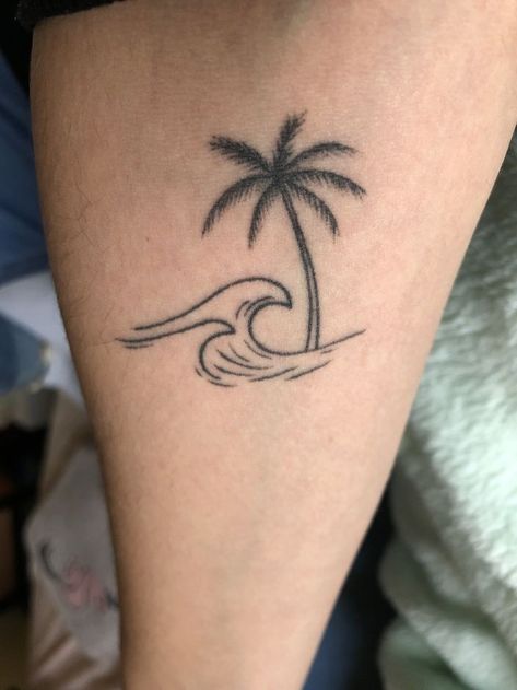 Palm And Wave Tattoo, Palm Tree Waves Tattoo, Small Palm Tree And Wave Tattoo, Palm Wave Tattoo, Wave And Palm Tree Tattoo Simple, Beach Hand Tattoo, Palm Tree Wave Tattoo, Wave And Palm Tree Tattoo, Wave Palm Tree Tattoo