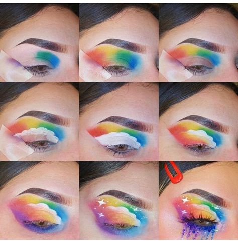 Cute Rainbow Makeup Looks, Eyeshadow Art Creative, Rainbow Face Makeup, Rainbow Makeup Looks Pride, Rainbow Eyeshadow Looks, Rainbow Makeup Looks, Maquillage Harry Potter, Crazy Eye Makeup, Rainbow Eye Makeup