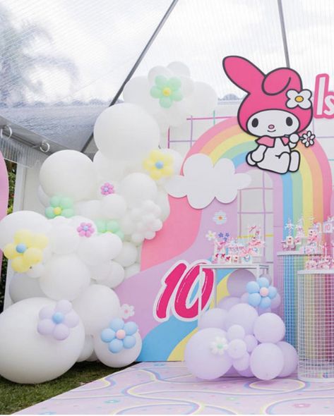 Sanrio Birthday Backdrop, Cinnamon Roll Hello Kitty Birthday Party, Sanrio Theme Party Decoration, Sanrio Birthday Decor, My Melody Birthday Decorations, My Melody Birthday Party Ideas, My Melody Birthday Party Decorations, My Melody Party Decorations, Melody Party Ideas