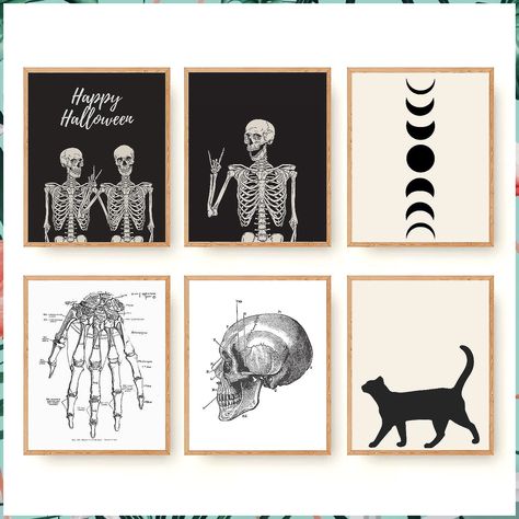 Halloween Wall Art Prints Set of 6 Spooky Indoor Canvas Wall Decor Vintage Black Cat Skull Skeleton Moon Phase Funny Poster for Fall Home Bedroom Bathroom Kitchen Decoration (8"x10" UNFRAMED) Game Room And Bar, Halloween Living Room Decor, Halloween Bathroom Decor, Halloween Living Room, Vintage Black Cat, Halloween Bat Decorations, Halloween Bathroom, Scaredy Cat, Spooky Night