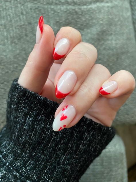 Almond Nail Designs Valentines, Short Valentines Nails Almond, Ace Heart Nails, Halloween Queen Of Hearts Nails, Ace Nails Acrylic, One Year Anniversary Nails, Heart Card Nails, Cute Red Nail Ideas Almond, V Nail Art