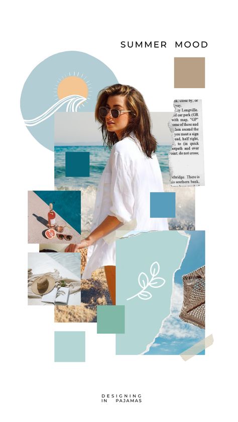 Beach Wear Mood Board, Ocean Theme Mood Board, Summer Fashion Mood Board, Summer Aesthetic Moodboard, Moodboard Design Concept, Mood Boards Aesthetic Fashion, Ocean Mood Board, Summer Moodboard Aesthetic, Mood Board Design Layout