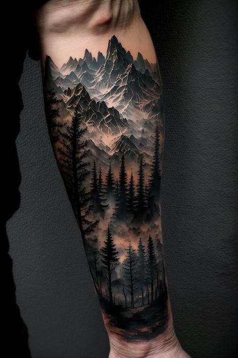 Men’s Outdoor Sleeve Tattoo, Nature Sleeve Tattoos For Guys, Mountains Half Sleeve Tattoo, Guy Tattoos Forearm, Men's Sleeve Tattoo, Men’s Outdoors Tattoo, Forest Arm Sleeve Tattoo, Full Sleeve Nature Tattoo, Men’s Arm Sleeve Tattoo Ideas