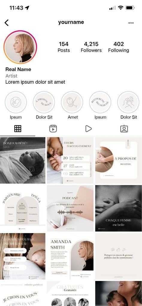 Grille de flux Instagram avec un beau design moderne pour Doulas, sages-femmes, accoucheuses dans des couleurs beiges et blanches. Histoires de médias sociaux, messages, couvertures de faits saillants d'histoires Mother Feeding, Free Social Media Templates, Doula Business, Facebook Content, Types Of Social Media, Social Media Promotion, Instagram Grid, Instagram Feed Inspiration, Instagram Layout