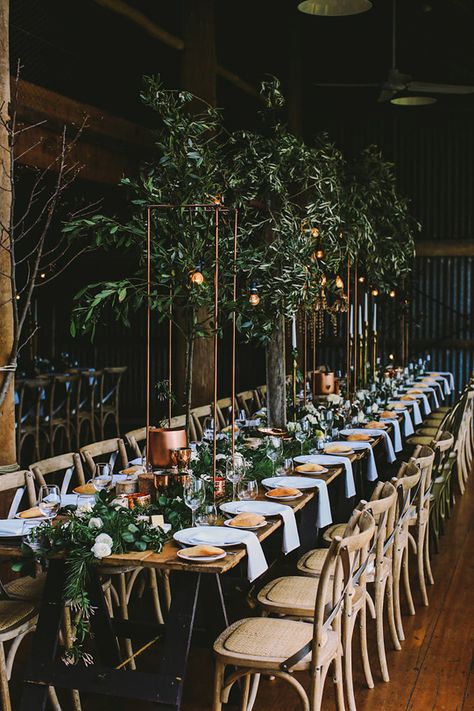 Botanical Australian Barn Wedding Wedding Table Placement, Wedding Table Menus, Long Table Wedding, Indoor Garden Wedding, Wedding Reception Ideas, Garden Wedding Reception, Garden Reception, Barn Wedding Decorations, Wedding Reception Tables