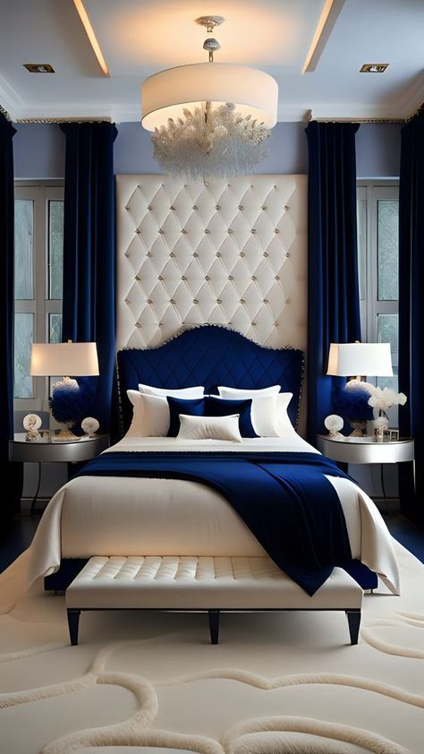 Classy Blue Bedroom, White Blue And Gold Bedroom, Royal Blue And White Bedroom, Royal Blue Room Ideas Bedroom, Royal Blue Bedrooms, Blue And Gold Bedroom, Beautiful Bedroom Decor, Luxe Bedroom, Blue Bedroom Decor