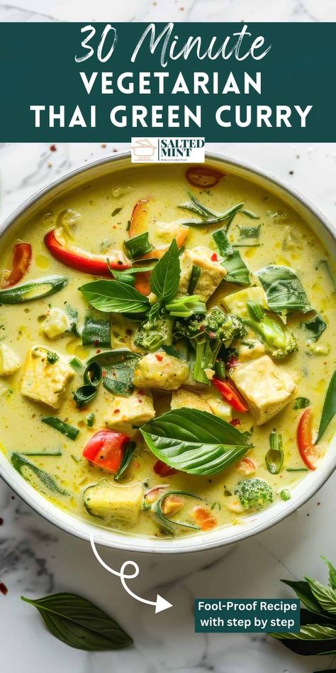 Discover the ease and flavor of Thai cuisine with our Thai Green Curry recipe. It's a vegan and vegetarian delight, featuring tofu and homemade curry paste in a creamy green coconut curry. Ready in just 30 minutes, this simple yet satisfying dish is the perfect choice for an easy dinner. Dive into the world of green curry recipes and enjoy a meal that's as wholesome as it is delicious. Thai Green Tofu Curry, Thai Curry Tofu Recipes, Green Curry Vegetables, Healthy Comfort Food Vegetarian, Vegan Green Thai Curry Recipes, Healthy Thai Curry Recipes, Green Curry Paste Uses, Thai Green Curry Vegetables, Vegetarian Thai Curry Recipes