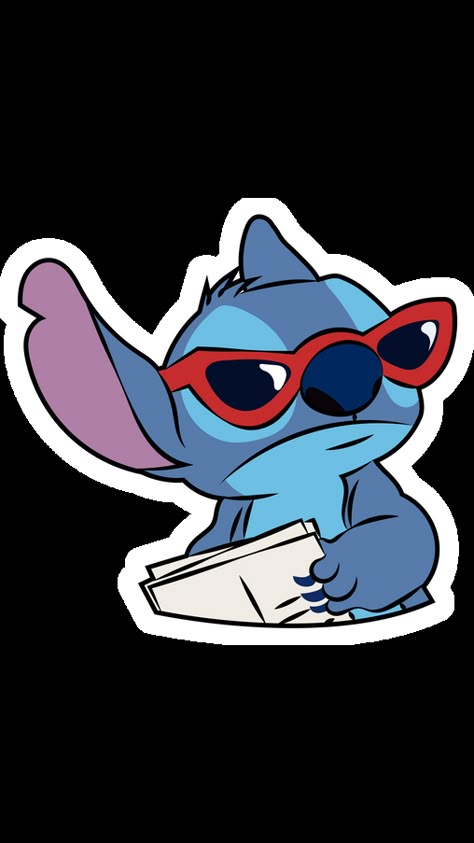 What do you think - what is this blue little koala-like alien doing in our fanart Stitch in Sunglasses Sticker? Look closely, and you can notice a newspaper and sunglasses - Stitch is a spy! We don't... Stitch White Background, Stitch With Sunglasses, Cute Stitch Drawings, Stitch With Glasses, Drawing Ideas Stitch, Stitch Sunglasses, Blue Cartoon Characters, Stitch Disney Cute, Stitch Fanart