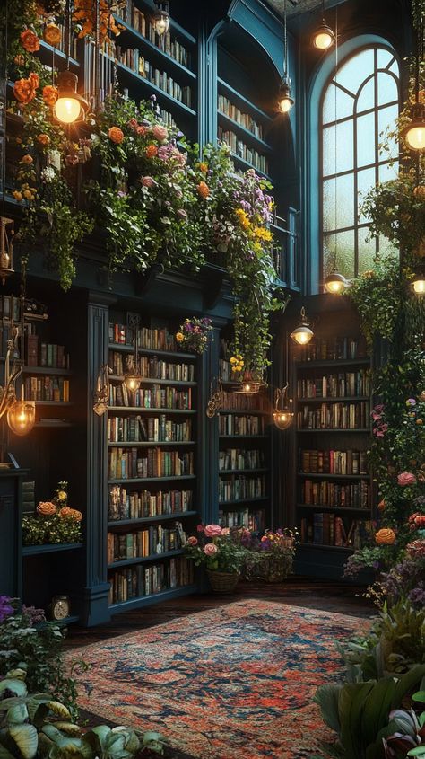 Cozy steampunk-inspired library in a dark blue house, filled with plants, flowers, and warm hanging lights. Library Cottagecore Aesthetic, Witchy Home Interior, Charming Old House Interior, Old Book Decor Ideas, Fairy Library Aesthetic, Dark Whimsical Decor, Fairy Core House Interior, Soft Whimsical Aesthetic, Fairytale House Aesthetic