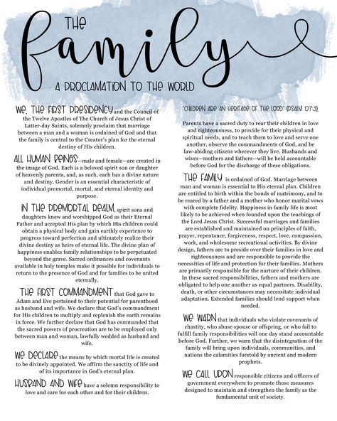 Family Proclamation Printable Free, World Printable, Family Proclamation, Proclamation To The World, The Book Of Mormon, Book Of Mormon, Church Ideas, Latter Days, Latter Day Saints