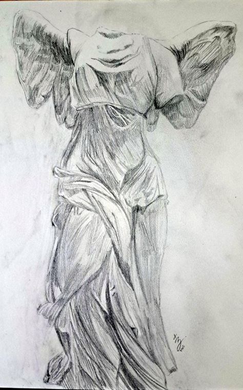 Greek Angel Drawing, Winged Victory Of Samothrace Drawing, Winged Victory Drawing, Greek God Sketch, Angel Sketches Pencil, Angel Drawing Sketches, Mythology Drawings, Statue Sketch, Famous Drawings