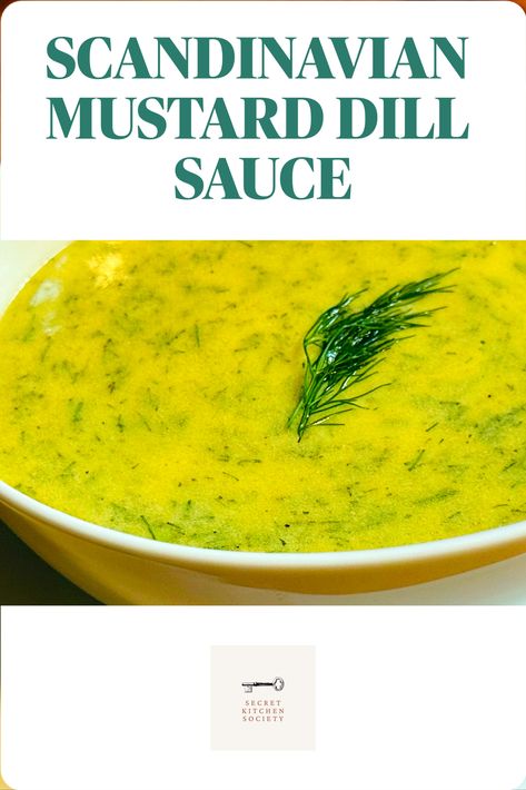 Yellow sauce flecked with green herbs and garnished with a sprig of dill in a white serving dish. Dill Mustard Sauce, Dill Sauce For Salmon, Nordic Recipe, Sauce For Salmon, Salmon Fillet, Dill Sauce, Spice Cabinet, Salmon Fillets, Daily Bread