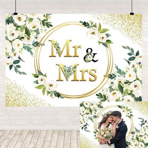 White Floral Mr and Mrs Backdrop for Wedding Wall Bridal Shower Backdrops Party Decorations Background for Photography Party Banner Decor Photo Booth Prop 8x6ft Mr And Mrs Backdrop, Mr And Mrs Photo Wall, Bridal Shower Backdrop Zazzle, Mr & Mrs Backdrop, Bridal Shower Backdrops, White And Gold Flower Background, Bridal Shower Photo Prop Frame, Bridal Shower Photography, Wedding Photo Walls