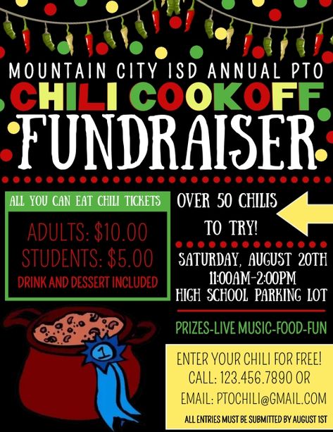 PTO CHILI COOKOFF FUNDRAISER Cook Off Fundraiser Ideas, Chili Cookoff Fundraiser Ideas, Chili Cook Off Fundraiser, Fire Department Fundraiser, Booster Club Fundraisers, Christmas Grams, Fundraiser Ideas School, Childcare Facility, School Fundraising Events