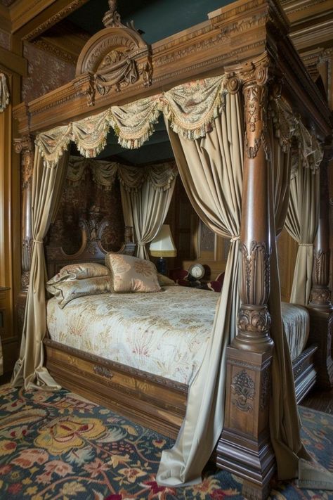 Medieval Bed, Bed With Canopy, Japanese Style Bedroom, Post Bed, Exotic Homes, Dream Bedroom Inspiration, Cozy Fall Bedroom, Dream Furniture, Goth Home Decor