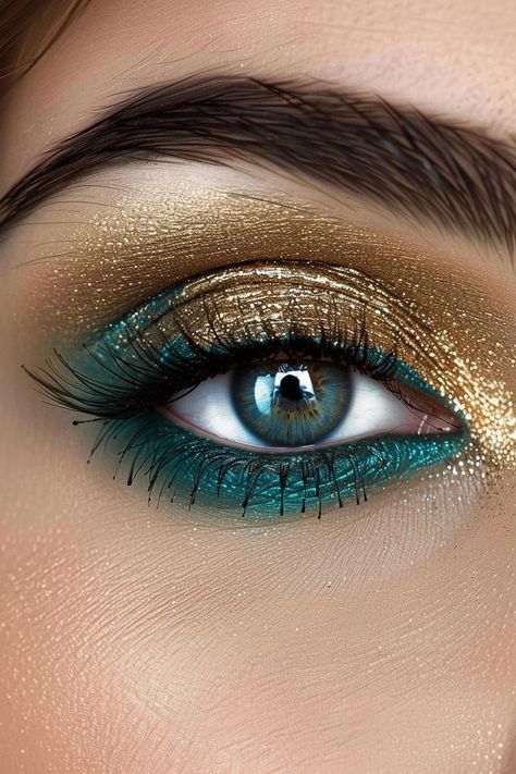 22+ Glamorous Gold Eyeshadow Ideas Teal And Gold Outfit Ideas, Gold And Teal Eye Makeup, Teal And Gold Eyeshadow Looks, Makeup For Teal Eyes, Teal Wedding Makeup, Teal And Gold Makeup Looks, Teal Blue Eye Makeup, Teal Smokey Eye, Teal And Gold Outfit