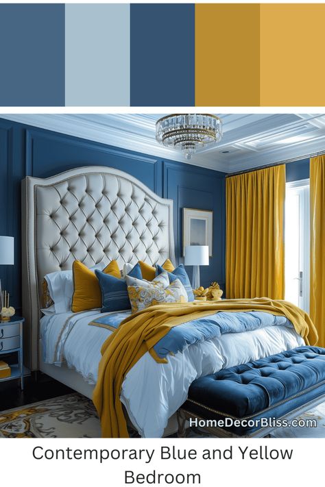 Contemporary Bedroom: Elegant Blue and Gold Design Bedroom Ideas Blue And Gold, Royal Blue Headboard Bedroom Ideas, Gold And Blue Bedroom, Royal Blue And Gold Bedroom, Royal Blue Walls, Blue And Gold Bedroom, Bedroom Concept, Bedroom Elegant, Contemporary Color Schemes