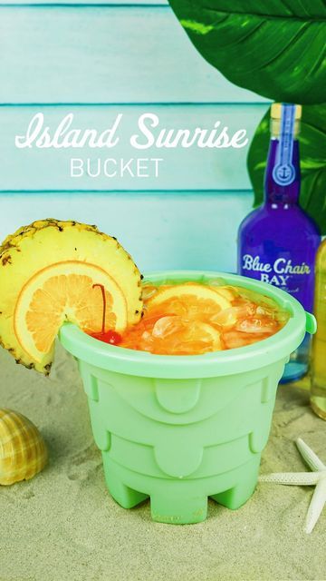 Blue Chair Bay Rum on Instagram: "Enjoy an Island Sunrise any time of the day with this tropical party recipe! ☀️ 🍹 1 oz Blue Chair Bay Coconut Rum 1 oz Blue Chair Bay Banana Rum 3 oz orange juice 3 oz pineapple juice 1 oz cherry juice 1 can lemon-lime soda 3 oz Hawaiian Punch 1 Smirnoff Ice Build all the ingredients directly in your bucket. Garnish with fresh fruit and don't forget to share!" Drink Bucket Ideas, Rum Bucket Recipe, Pool Party Drinks, Tropical Drink Recipes, Drink Bucket, Booze Drink, Rum Cocktail Recipes, Beach Drinks, Party Drinks Alcohol