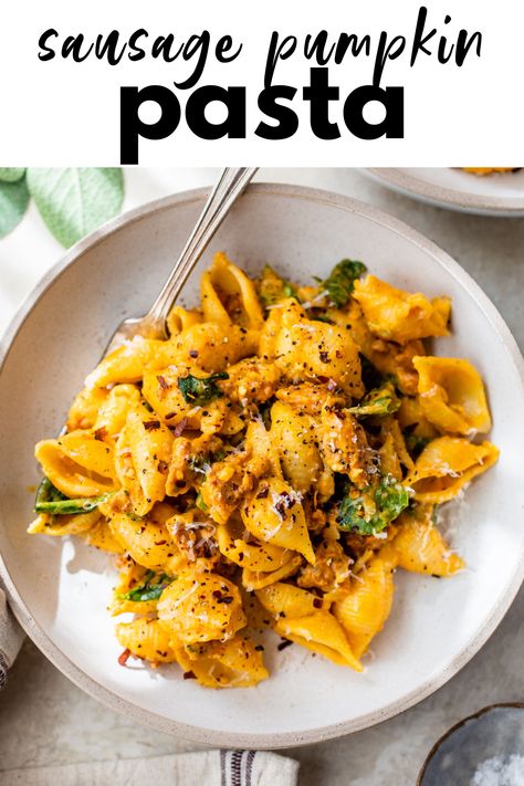 Creamy Pumpkin Pasta made with Italian sausage, spinach and a delicious pumpkin sauce is ready in under 30 minutes! It's a flavorful and savory pumpkin recipe that will quickly become a fall favorite. Pumpkin Italian Sausage Pasta, Pumpkin Rigatoni With Sausage, Pumpkin Pasta With Sausage, Sausage Pumpkin Pasta, Macros Meals, Pumpkin Sausage Pasta, Recipes With Pumpkin, Italian Sausage Spinach, Sausage Pasta Sauce