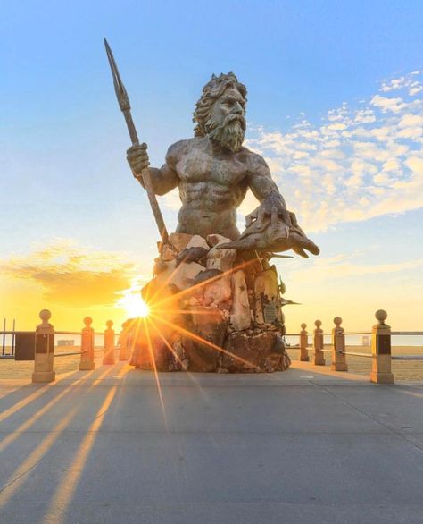 24 Hours at the Virginia Beach Boardwalk Neptune Statue, Virginia Beach Boardwalk, King Neptune, Virginia Beach Oceanfront, Va Beach, Water Playground, Virginia Travel, Virginia Is For Lovers, Beach Boardwalk