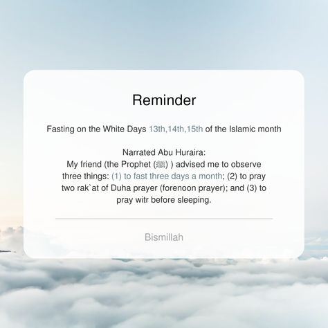 Virtues of Fasting on the 13th,14th, and 15th (White Days) of the Islamic Month 🤲🏼  The White Days, 13th, 14th and 15th of each lunar month are days when the moon is at its fullest and most luminous 🌕 The White Days of the Muharram 1442 Hijri are on 1st, 2nd and 3rd of September. Let's set our intentions to fast on these days to gain the rewards in the month of Muharram, In Shaa Allah 💛  Narrated Abu Huraira: My friend (the Prophet (ﷺ) ) advised me to observe three things: (1) to fast three White Days Fasting Islam, 1st Muharram Quotes, Basic Henna, Complete Quran, Day Of Ashura, Islamic Guidance, Muharram Quotes, Fast Quotes, Dream Dates