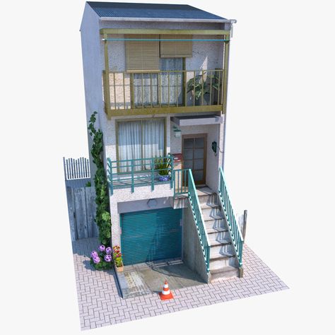 ArtStation - Japanese Narrow House Japanese Apartment Exterior, Japanese Home Exterior, Small Japanese House, Sims 4 House, Narrow House Designs, Asian House, Apartment Exterior, Sims 4 House Plans, Sims 4 House Design