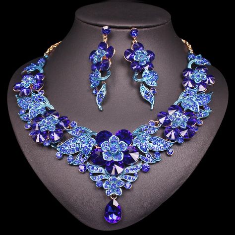 Royal Blue Accessories, Rhinestone Jewelry Set, Earrings Necklace Set, Necklace Set Indian, Crystal Jewelry Sets, Jewellery Gifts, Bollywood Jewelry, Women's Jewelry Sets, Punk Jewelry