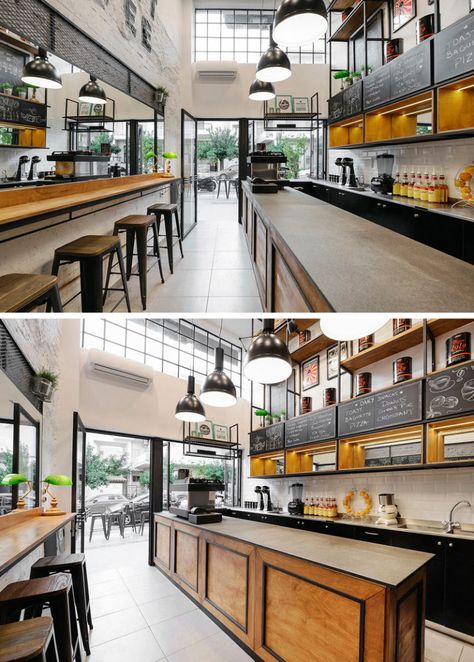 Andreas Petropoulos Has Designed A Small Takeaway Coffee Bar In Greece Black And Wood Interior, Living Room Bar Ideas, Bread Garlic, Takeaway Coffee, Small Coffee Shop, Diy Coffee Bar, Coffee Bar Design, Coffee Bars In Kitchen, Home Coffee Bar