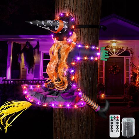 Crashing Witch into Tree Halloween Decorations(42.5 Inch Tall), Large Crashed Witch Sewed with Fairy Light String for Outdoor Porch Garden Patio Pathway Party Halloween Decor (Purple, Orange Light) Outdoor Halloween Witch, Tree Halloween Decorations, Crashing Witch, Outdoor Witch, Halloween Garden Decorations, Orange String Lights, Patio Pathway, Halloween Outdoor Decoration, Witch Props