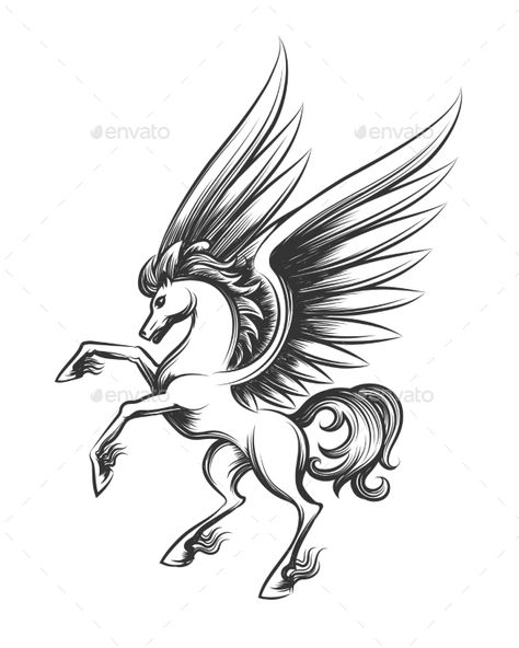 Flying Horse Drawing, Mascot Sketch, Pegasus Outline, Spn Tattoo, Pegasus Logo Design, Pegasus Wings Drawing, Horse Engraving, Pegasus Drawing, Mustang Mascot