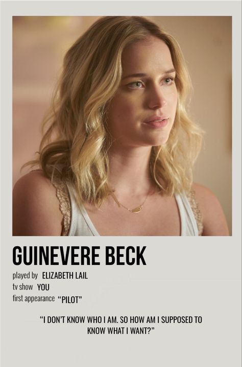 minimal polaroid character poster for guinevere beck from you You Netflix Poster, Guinevere Beck From You Hair, You Netflix Beck, Guinevere Beck From You, You Beck Guinevere, You Netflix Series Wallpaper, Guenivere Beck, Beck "you", Elizabeth Lail Wallpaper