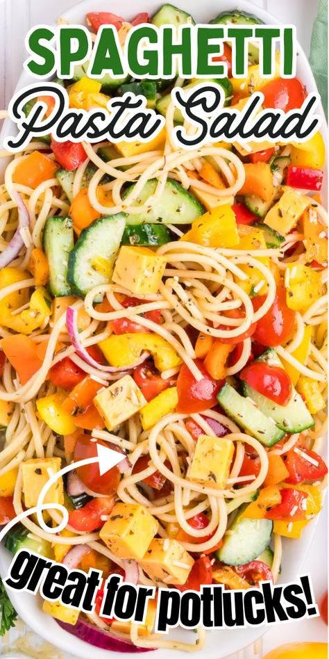 Spaghetti pasta salad on a white plate. Cold Spaghetti Pasta Salad, Spaghetti Salad Recipes Cold, Cold Spaghetti Salad Recipes, Spaghetti Salad Recipes, Pasts Salad, Cold Spaghetti Salad, Spaghetti Pasta Salad, Bbq Potluck, Summer Pasta Salad Recipes