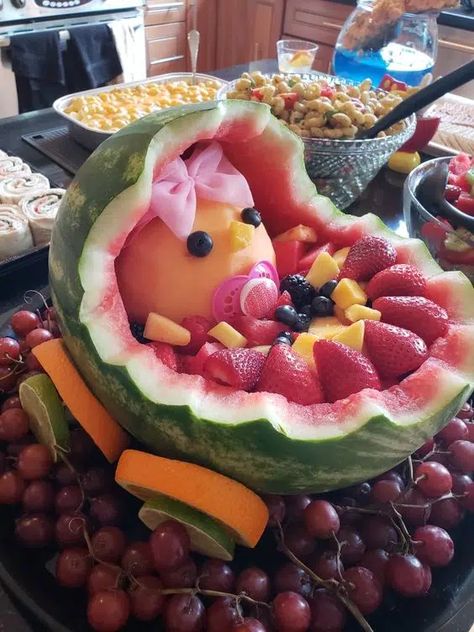 30+ Gorgeous Food & Decor Ideas For Watermelon Baby Shower Fruit Basket Watermelon, Watermelon Baby Carriage, Watermelon Basket, Baby Shower Watermelon, Watermelon Jelly, Baby Shower Fruit, Party Fruit, Fruit Baby, Watermelon Birthday Parties