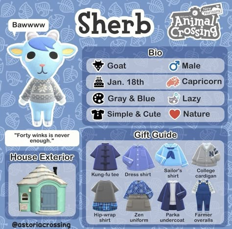 Animal Crossing Sherb Yard, Acnh Sherb Yard Guide, Acnh Sherb Gift Guide, Sherb Acnh Yard, Acnh Sherb Yard, Sherb Acnh, Sherb Animal Crossing, Kyoshi Island, Acnh Villagers