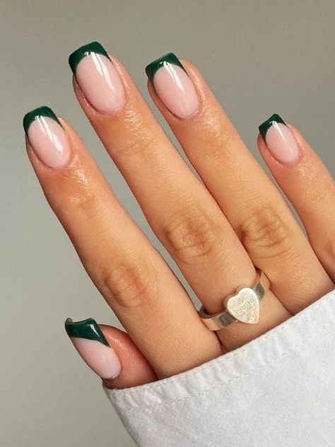 Dark green French tips on milky white short nails Dark Green French Tips, Milky White Short Nails, Green Hoco Nails, Dark Green French, Green French Tips, Emerald Green Nails, White Short Nails, Dance Nails, Hoco Nails