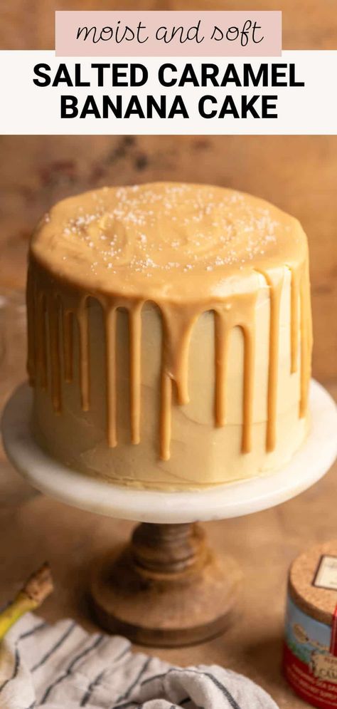 This banana caramel cake is a moist and tender banana layer cake made with fresh bananas, perfectly balanced by a luscious salted caramel buttercream frosting and rich caramel ganache drip. This cake is sure to satisfy your sweet tooth and impress your friends and family! Banana Cake With Caramel Frosting, Banana Buttercream Frosting, Banana Caramel Cake, Salted Caramel Buttercream Frosting, Banana Layer Cake, Caramel Banana Cake, Caramel Cakes, Caramel Buttercream Frosting, Salted Caramel Buttercream