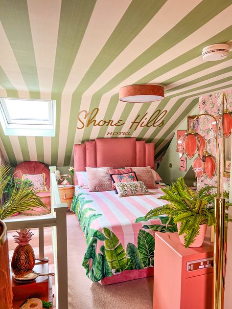 The inspiration for my loft bedroom came drom The Beverly Hills Hotel. I have had it styled like this for severel years but only recently had the ceiling wallpapered. This week ive had a sign made to go over the bed, that completes my vibe. #pinkandgreen #pink #stripes #bedroom #bedroomdecorideas #beverlyhills #palmbeach Palm Springs Style Bedroom, Beverly Hills Decor, Beverly Hills Hotel Bedroom, Craftsman Closet, Pink Maximalist Bedroom, Beverly Hills Hotel Wallpaper, Maximalist Apartment, Hotel Inspired Bedroom, Pink Trailer