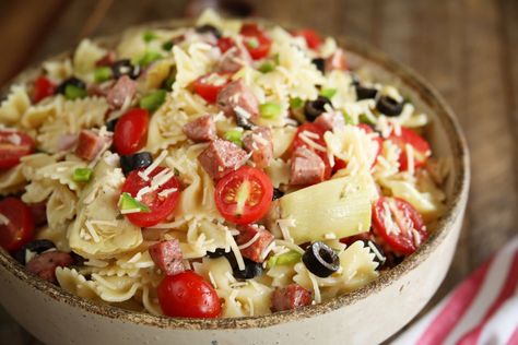 Try this Kiolbassa Smoked Meats recipe tonight! Sausage Pasta Salad, Fresh Sides, Cider Vinegar Dressing, Roast Sandwiches, Pasta And Vegetables, Marinated Artichokes, Polish Foods, Pasta Salad Dressing, Grilling Menu