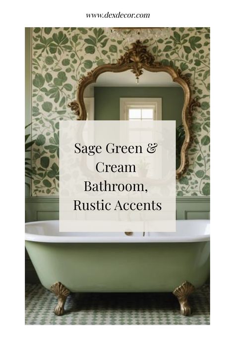 Sage green and cream bathroom with rustic accents and a clawfoot tub. Mint Bathroom Ideas, Green Cottage Bathroom, Cream And Green Bathroom, Green And Cream Bathroom, Green And White Bathroom Ideas, Green And Beige Bathroom, Soft Lighting Ideas, Sage Bathroom Ideas, Sage Green Tiles