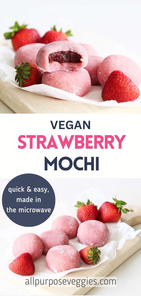 Soft, chewy and sweet, you can enjoy these delightful strawberry mochi at home using just a few ingredients and 5 minutes of your time! Healthy Mochi, Vegan Mochi Recipe, Strawberry Mochi Recipe, Mochi Recipe Microwave, Vegan Mochi, How To Store Strawberries, Strawberry Mochi, Mochi Recipe, Tea Time Food