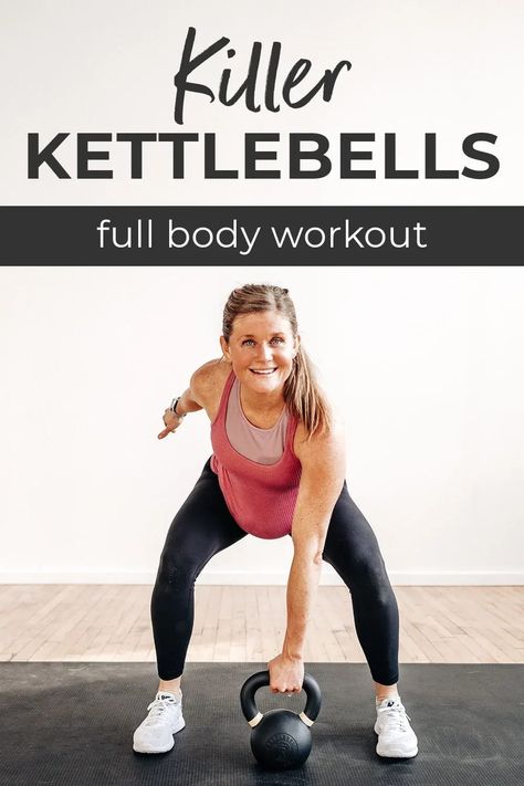 Strength, power, cardio conditioning and endurance - this KILLER KETTLEBELL workout does it all in around 30 minutes! This full body kettlebell workout builds strength and gets your heart rate up using just one piece of equipment. You can substitute a single dumbbell if you don't have a kettlebell available! Modifications offered for beginners/pregnancy all the way to advanced fitness levels! Kettbell Workout Kettlebell Circuit, 4 Week Kettlebell Workout, Kettlebell Superset Workout, Advanced Kettlebell Workout, 30 Min Kettlebell Workout, Kettlebell Exercises For Back, One Kettlebell Workout, Pregnancy Kettlebell Workout, Chest Kettlebell Workout