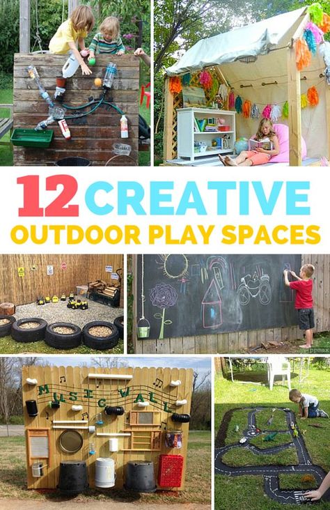 12 Creative Outdoor Play Spaces for Kids. So many fun and unique backyard play ideas for kids! Backyard Play Ideas, Play Ideas For Kids, Unique Backyard, Outdoor Kids Play Area, Outdoor Play Space, Outdoor Learning Spaces, Kids Play Spaces, Play Area Backyard, Outdoor Play Spaces