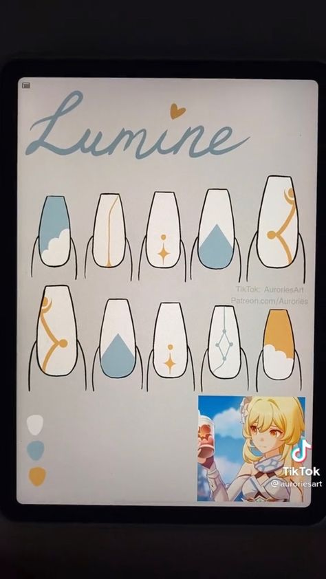 Venti Nails Genshin, Nail Design Base Drawing, Lumine Makeup, Nail Designs Anime, Anime Nails Designs, Anime Nail Designs, Genshin Nails, Anime Nails Art, Anime Nail Ideas